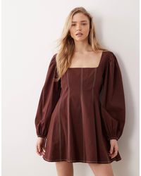 ASOS - Square Neck Twill Mini Dress With Puff Sleeve And Contrast Stitching - Lyst