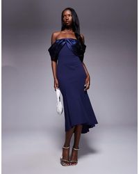Goddiva - Twist Knot Satin & Scuba Bardot High Low Midi Dress - Lyst