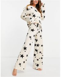 ASOS Viscose Star Print Long Sleeve Top & Wide Leg Trouser Pyjama Set With Gifting Bag - Natural