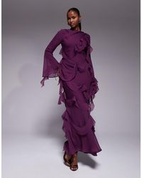 ASOS - Draped Raw Edge Ruffle Long Sleeve Maxi Dress - Lyst