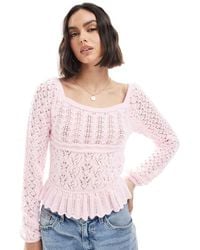 Miss Selfridge - Gebreide Gehaakte Top Met Lange Mouwen En Peplum - Lyst