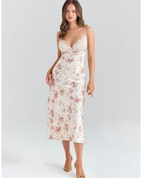 House Of Cb - Felicity Ivory Floral Print Satin Bias Cut Midi Dress - Lyst