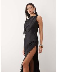 ASOS - Asymmetric Sleeve Lace Trim Satin Maxi Dress - Lyst