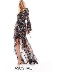 ASOS - Asos design tall - robe longue à manches longues et imprimé animal avec volants et empiècements en dentelle - Lyst