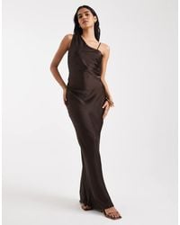 Vero Moda - Asymmetric Shoulder Detail Ruched Satin Maxi Dress - Lyst