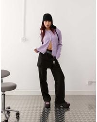 Monki - Long Sleeve Slim Fit Fluffy Knit Button Front Cardigan With Puff Sleeve - Lyst