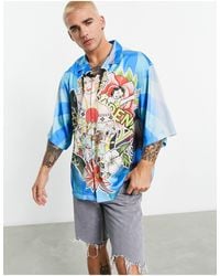 ASOS - Dropped Shoulder Oversized Revere Satin Shirt With Placement Print - Lyst