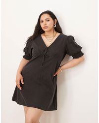 ASOS - Asos Design Curve Soft Denim Puff Sleeve Mini Dress With Frill Detail - Lyst