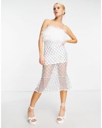 Amy Lynn - Vestido midi con diseño enrejado plateado en la falda y escote bardot - Lyst