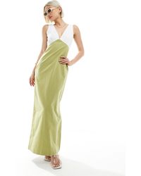 4th & Reckless - Linen Look Contrast Plunge Neck Maxi Dress - Lyst