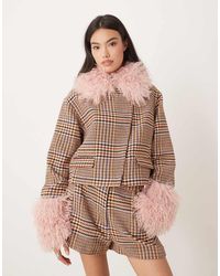 ASOS - Geruite Elegante Tweed Blazer Met Kraag Van Imitatiebont, Deel Van Co-Ord Set - Lyst