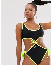 ASOS Coppe grandi - Costume da bagno seducente e glamour nero e giallo fluo, coppe DD-G