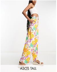 ASOS - Asos Design Tall Oversized Floral Printed Paperbag Waist Wide Leg Trouser With Linen - Lyst