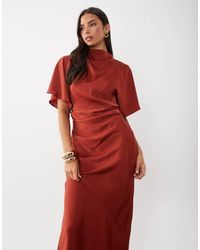 ASOS - Satin High Neck Blouson Maxi Dress With Flutter Sleeve - Lyst