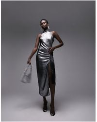 TOPSHOP - Metallic Halter Neck Midi Dress With Ruched Side - Lyst