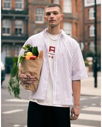 TOPMAN - Camicia Elegante A Maniche Corte A Righe Bordeaux - Lyst