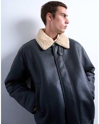 TOPMAN - Bomberjack Van Imitatieleer Met Kraag Van Imitatieschapenvacht - Lyst