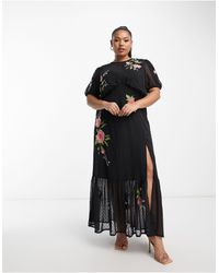 ASOS - Asos Design Curve Textured Chiffon Puff Sleeve Midi Tea Dress With Floral Embroidery - Lyst