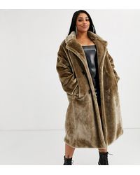 ASOS Asos Design Curve Plush Faux Fur Maxi Coat With Seam Detailing In Grey - Gray