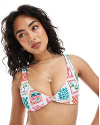 Miss Selfridge - Bikinitop Met Ansichtkaartprint En Gedraaid Detail - Lyst