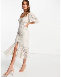 ASOS Lace Tea Dress With Puff Sleeve - White