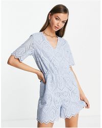 Y.A.S Organic Cotton Broderie Playsuit - Blue