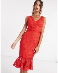 Lipsy Lace Bodycon Dress With Pephem - Red