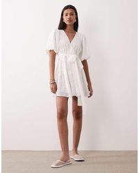 Gina Tricot - Embroidered Mini Dress With Puff Sleeves - Lyst