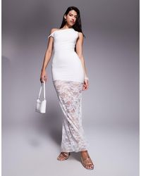 Kaiia - Exclusive Double Layered Slinky Twist Off Shoulder Asymmetric Sheer Lace Skirt Maxi Dress - Lyst