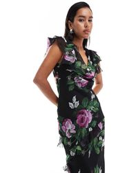 ASOS - Vestido Midi Negro Con Estampado Floral, Cuello Desbocado Y Volantes En Las Mangas De - Lyst