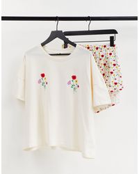 Monki Tova Organic Cotton Floral Print Pajama Set - White