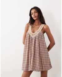 ASOS - V Neck Smock Poplin Mini Sundress With Tea Stained Lace Overlay - Lyst