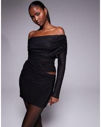 Fashionkilla - Exclusive Glitter Mesh Foldover Bardot Contrast Skirt Detail Mini Dress - Lyst