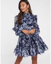 Keepsake Halo Floral Mini Dress With Volume Sleeve - Blue