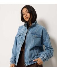 PixieGirl - Petite Funnel Neck Denim Trucker Jacket - Lyst