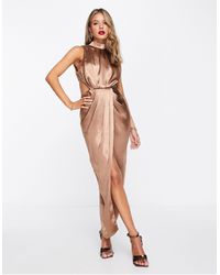 ASOS - High Neck Satin Midi Dress With Drape Detail Skirt - Lyst