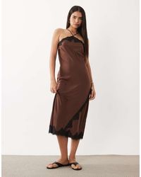 New Look - Asymmetric Halterneck Satin Lace Midi Dress - Lyst