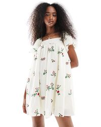 Daisy Street - Vestido Corto Con Mangas Abullonadas, Bordados Y Detalle Fruncido De -Neutro - Lyst