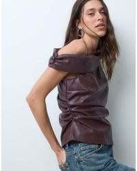ASOS - Cinched Waist Leather Look Asymmetric Neck Top - Lyst