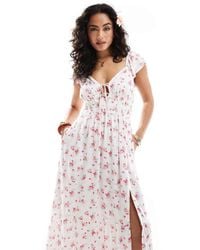 Hollister - Vestido Midi De Manga Corta Y Estilo Mesonera Con Estampado Floral Rosa Y Abertura De - Lyst
