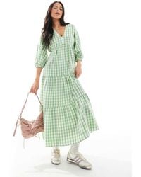 New Look - Vestido Midi Verde A Cuadros Vichy Amplio Con Cuello De Pico De - Lyst