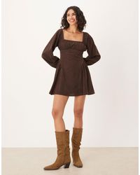 ASOS - Cord Square Neck Gather Bust Mini Dress With Volume Sleeve And Lace Trims - Lyst