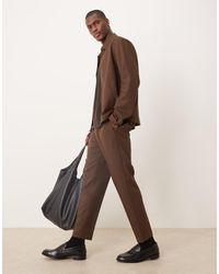 ASOS - Pantalones De Vestir Marrones De Corte Tapered Con Patrón De Espiga Y Cinturilla Elástica De (Parte De Un Conjunto) - Lyst