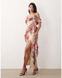 ASOS - Mesh Off Shoulder Maxi Dress With Asymmetric Ruffle Details - Lyst