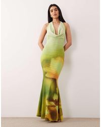 Murci - Mesh Cowl Halterneck Low Back Fishtail Maxi Dress - Lyst