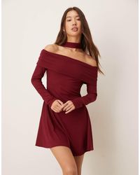 ASOS - Ribbed Bardot Mini Dress With Scarf Detail - Lyst