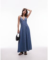 TOPSHOP - Robe longue en jean à fronces et coutures visibles - moyen - Lyst
