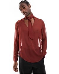 ASOS - Relaxed Deep V Neck Shirt With Attached Tie Neck - Lyst