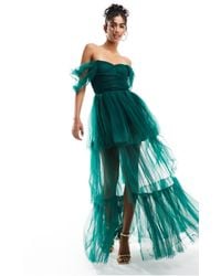 LACE & BEADS - Off Shoulder Tulle High Low Maxi Dress - Lyst