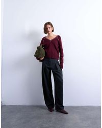 TOPSHOP - Pantalones Grises A Rayas De Corte Barrel Con Cintura Baja De Tejido De Espiga De - Lyst